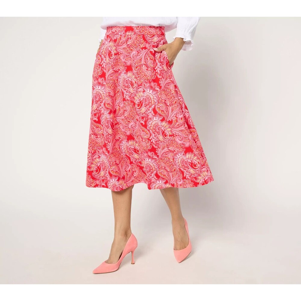 Isaac Mizrahi Live! Regular Printed Scuba Crepe Midi Skirt Pink Paisley Sz M